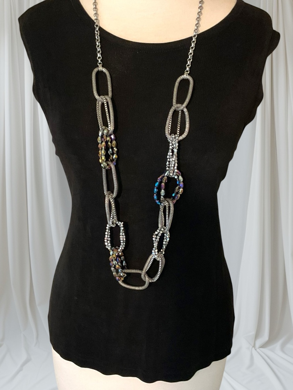 Chico’s Long Silver Beaded Statement Necklace NWT